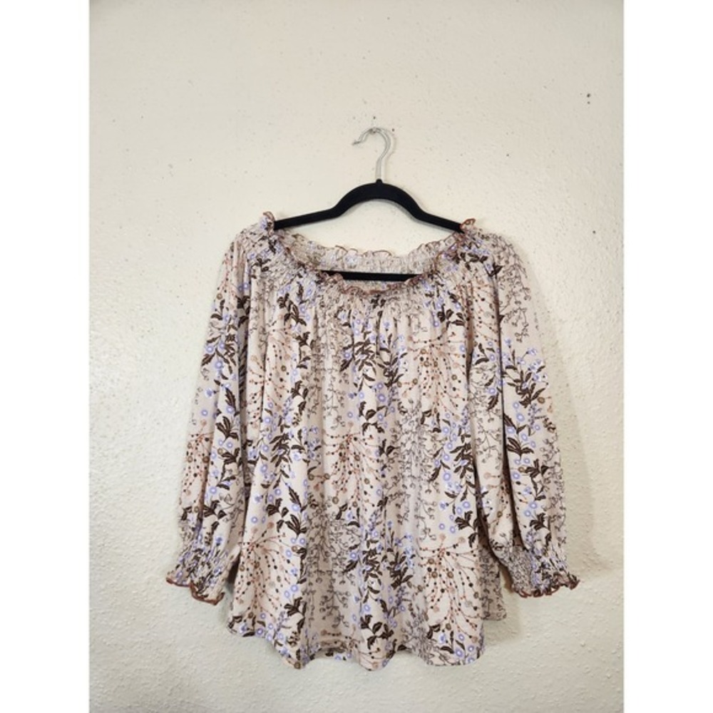Melloday Brown Purple Floral Print Blouse Smocked Off Shoulder Long Sleeve S
